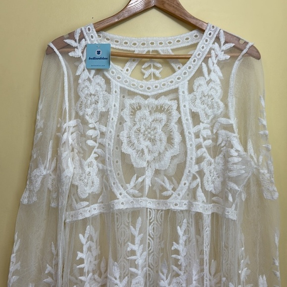NWT Boutique White Crochet Lace Swimsuit Cover Up Sheer Beach Tunic Dress - Picture 4 of 17